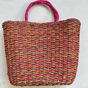 Multi Color Pink Straw Woven Tote